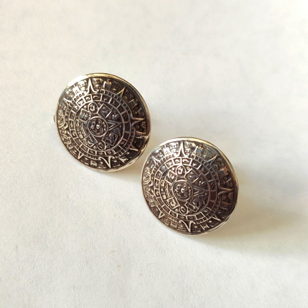 Aztec Calendar Sterling Domed Disc Earrings